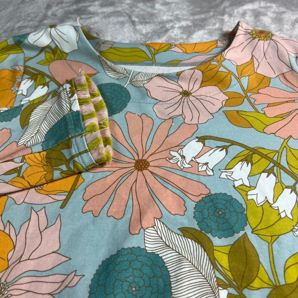 Spartina 449 Women S Dress Blue Floral Retro Fringe Long Sleeve A-Line